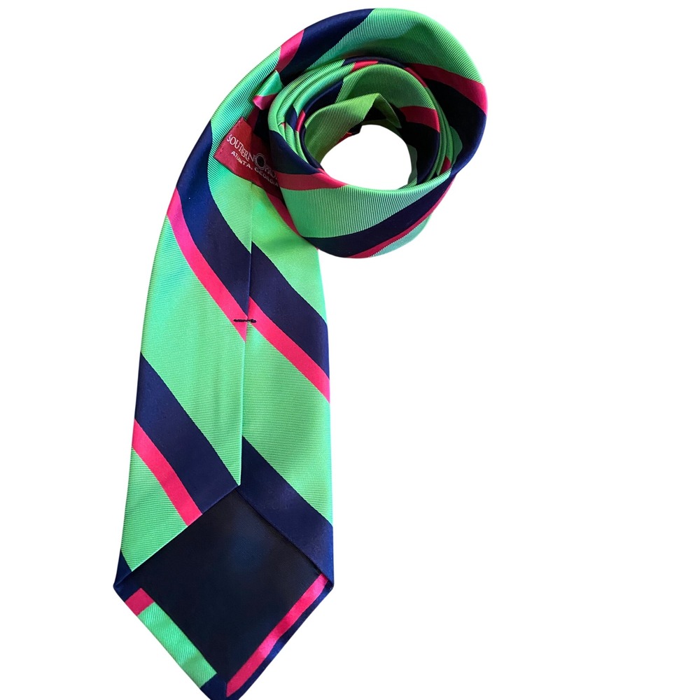 Southern Proper Mens Silk Tie Green Navy Pink Striped Hand Sewn USA Prep 2341